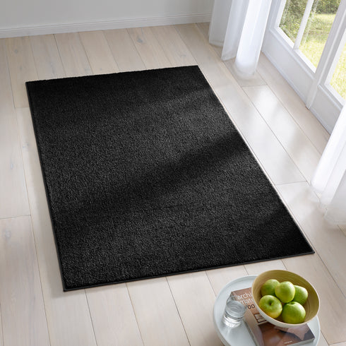 Kurzflor Teppich | Flauschiger Flachflor für Wohnzimmer, Esszimmer, Schlafzimmer oder Kinderzimmer | Schwarz